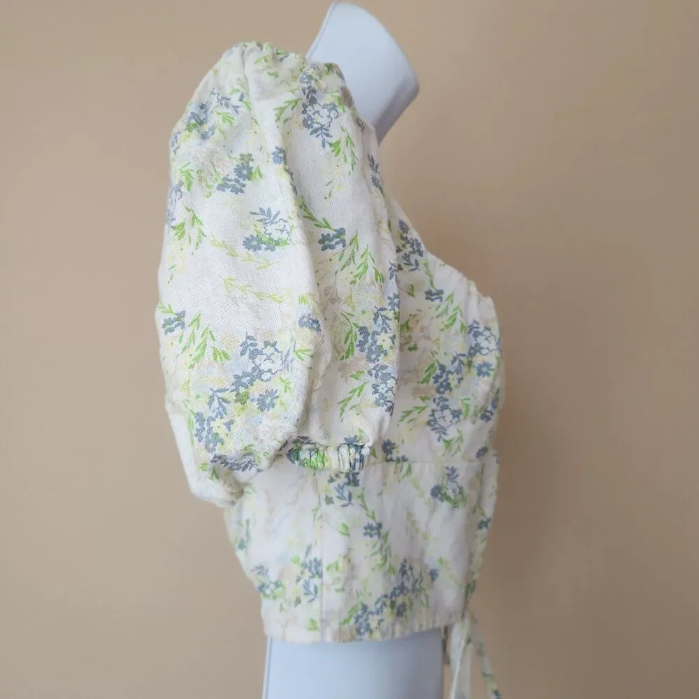 Forever 21 Floral Puff Sleeve Tie-Front Crop Top, Small - Picture 4 of 6